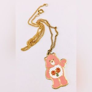Vintage Care Bears Pink White Enamel Flower 1983 H Eldon Gold Tone Necklace